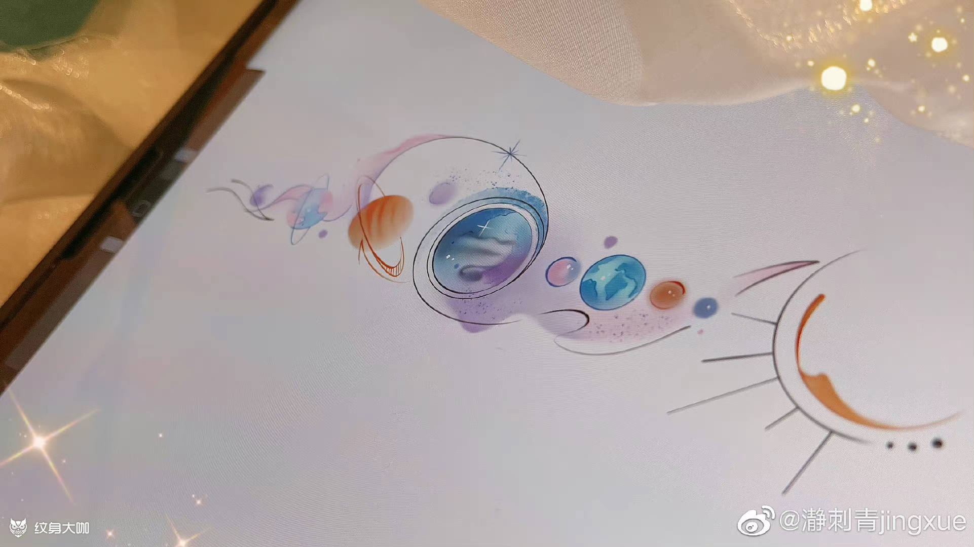 太阳系水彩锁骨文身设计_纹身图案手稿图片_静塔兔的纹身作品集