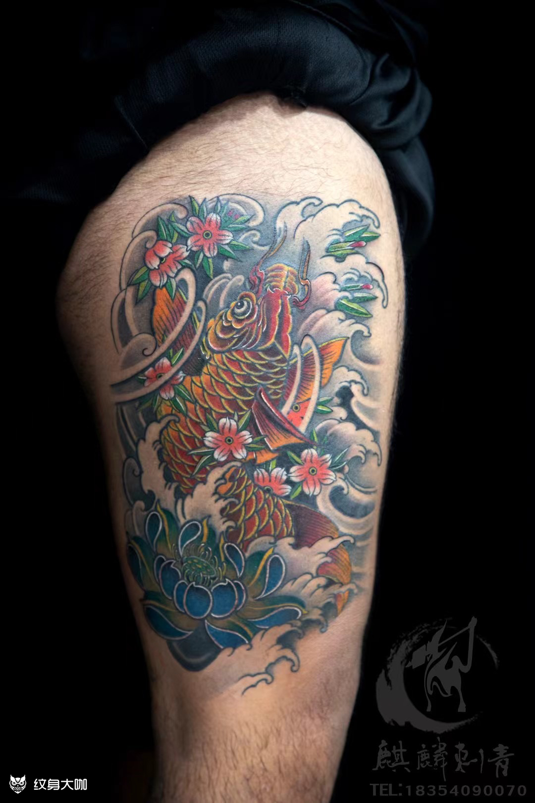大腿彩色传统鲤鱼_纹身图案手稿图片_于祥林的纹身作品集