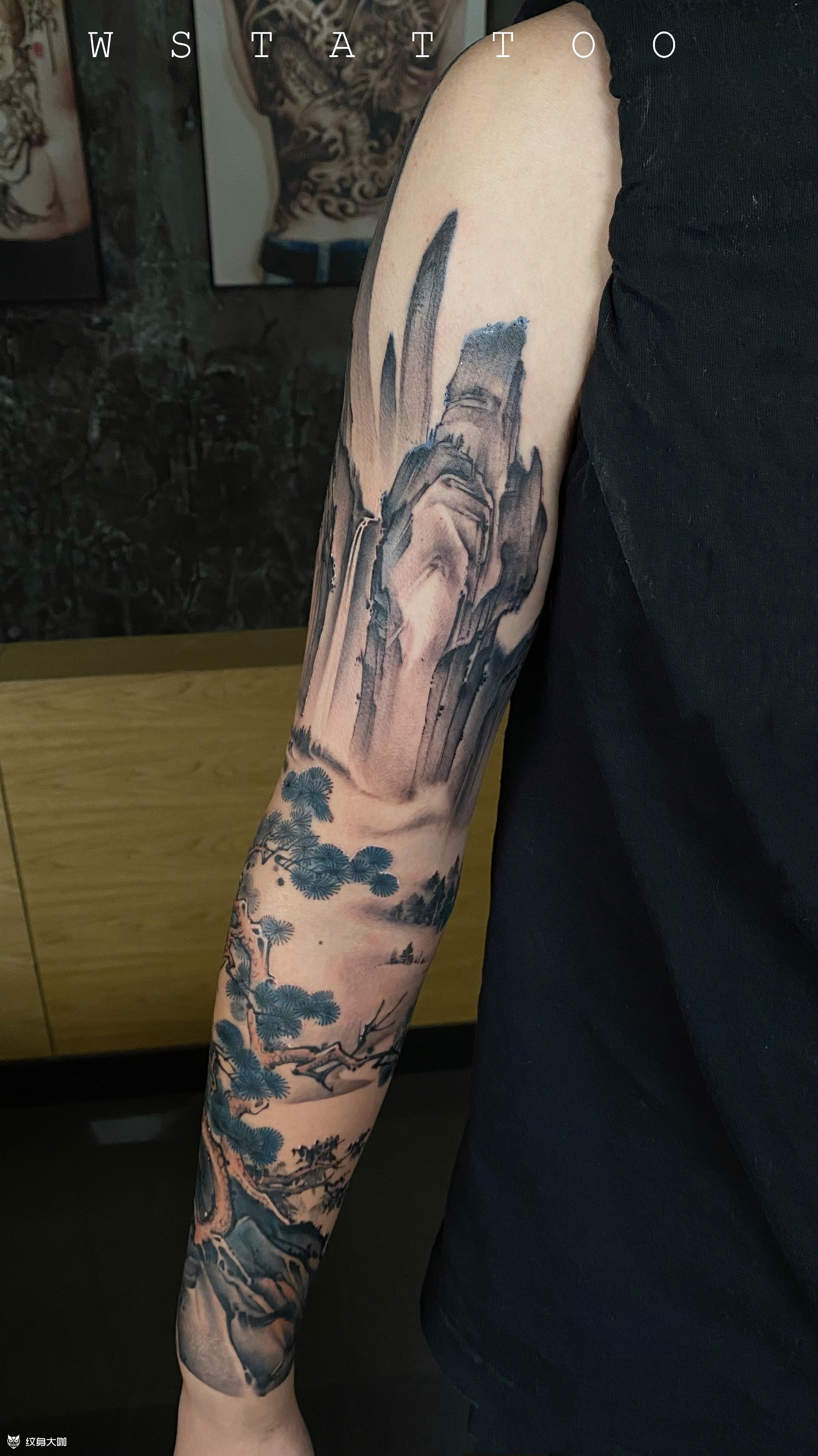 山水花臂_纹身图案手稿图片_无上的纹身作品集
