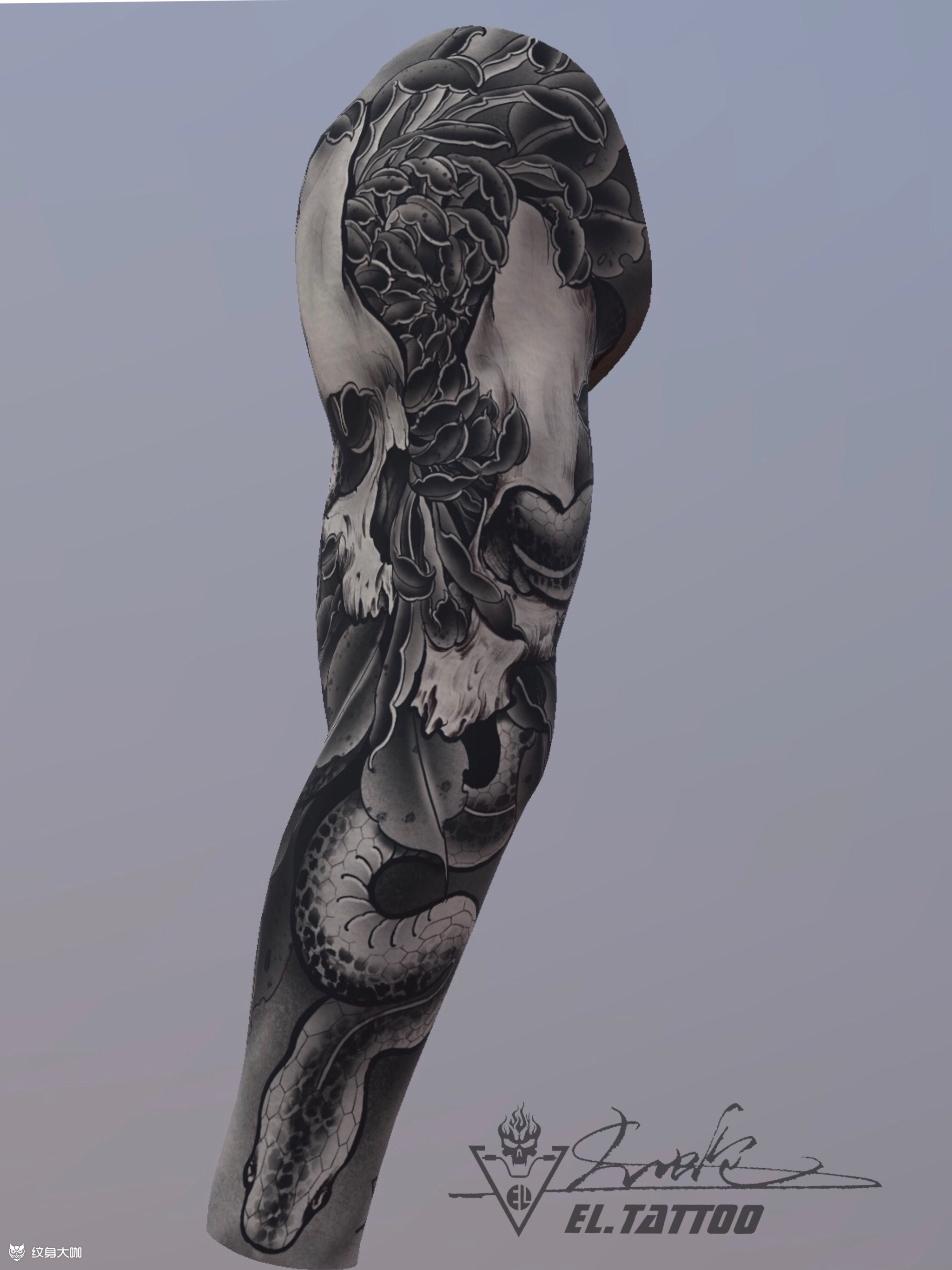 原创新传统黑灰花臂设计_纹身图案手稿图片_大蛇的纹身作品集