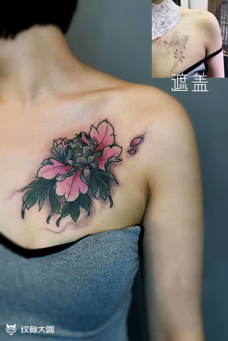 牡丹花遮盖旧图_纹身图案手稿图片_蒋彭的纹身作品集