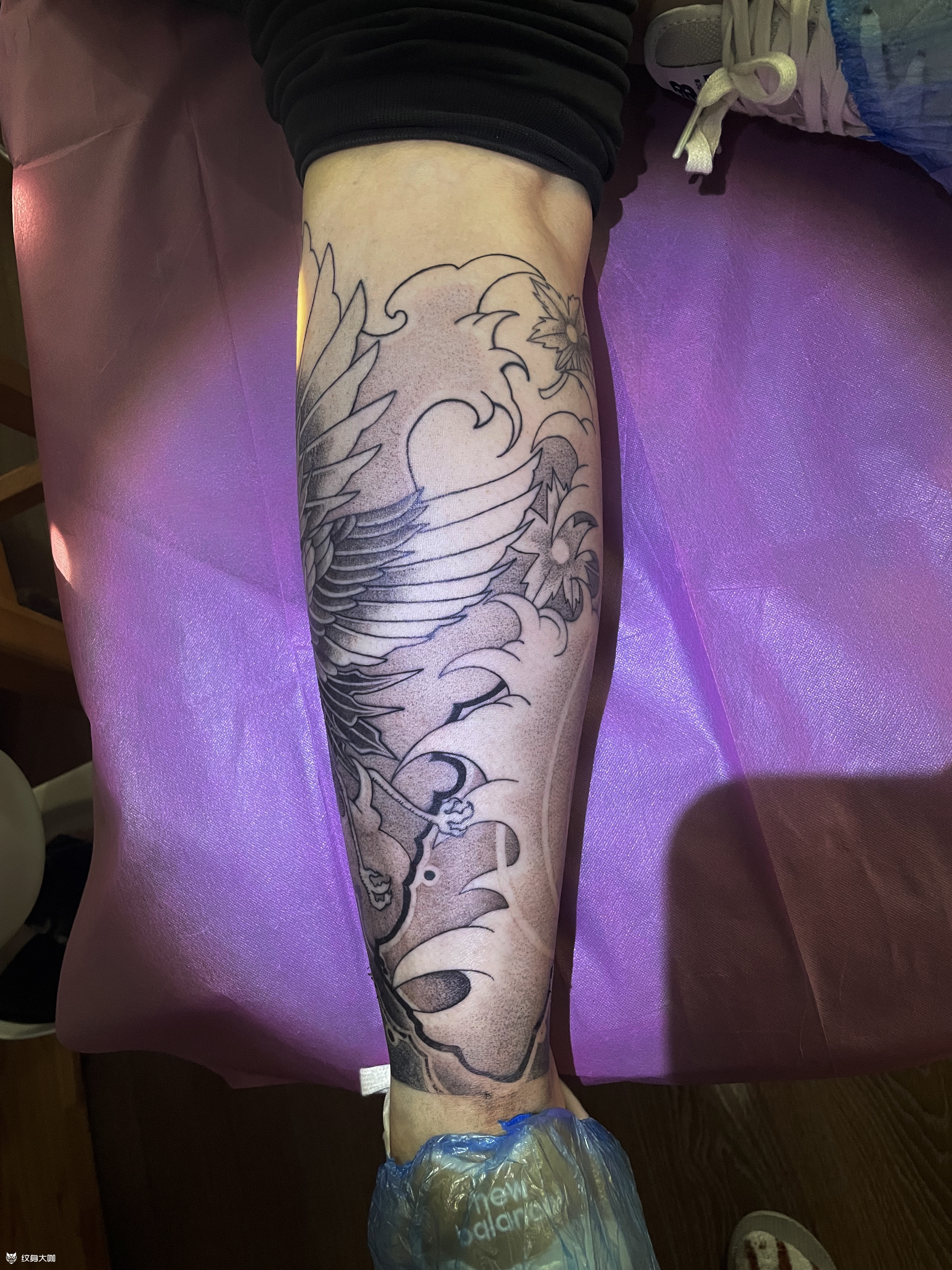 仙鹤花腿包小腿圆针打雾结痂未_纹身吧社区 - 纹身大咖