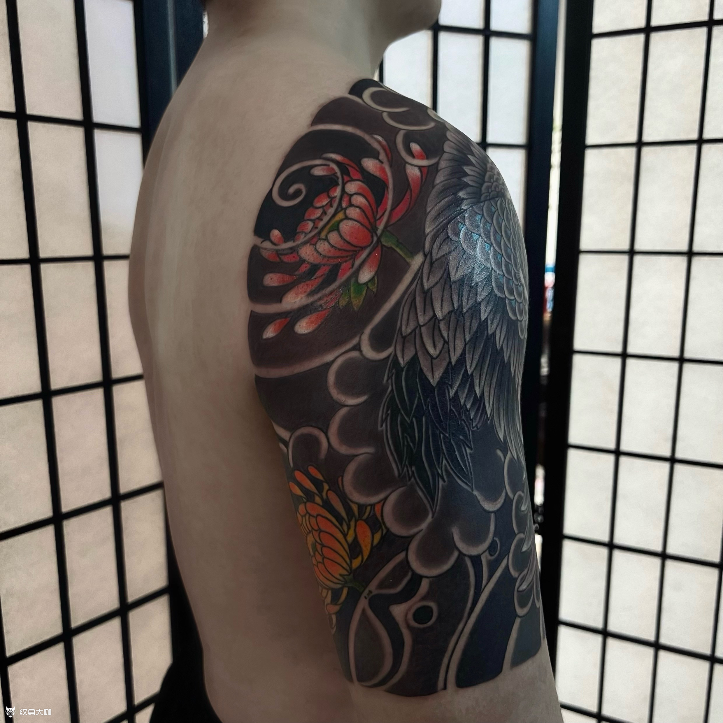 仙鹤菊花半甲徐州来客 两次做_纹身吧社区 - 纹身大咖