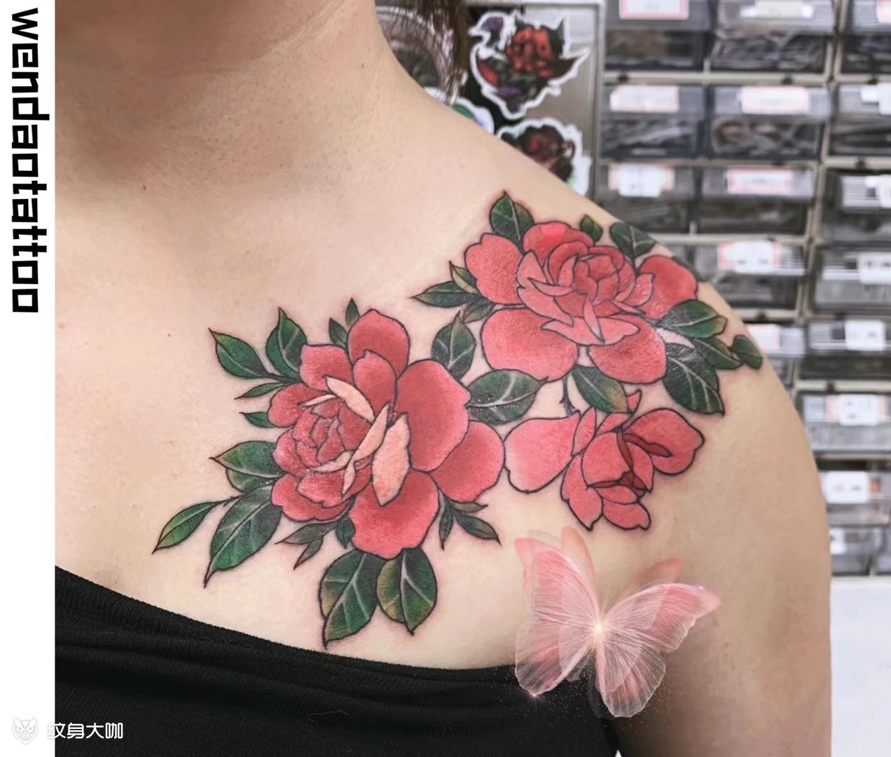 锁骨牡丹花纹身_纹身图案手稿图片_文道的纹身作品集