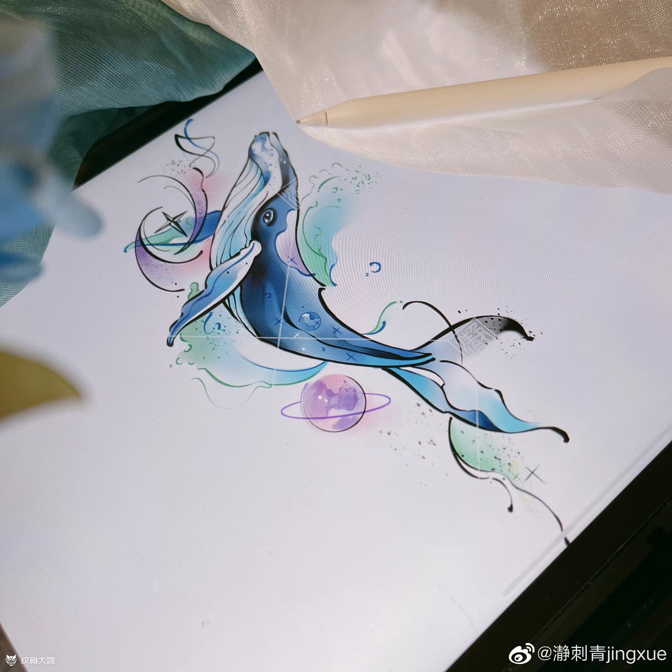 水彩鲸鱼_纹身图案手稿图片_静塔兔的纹身作品集