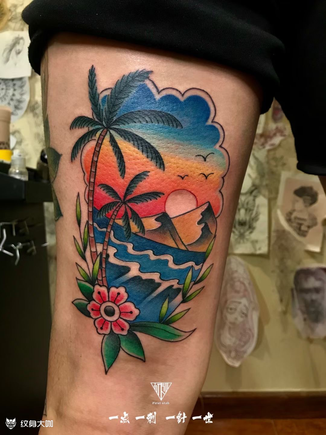 椰子树与海_纹身图案手稿图片_刘绯的纹身作品集