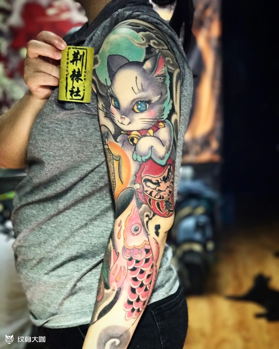 新传统花臂招财猫 _纹身图案手稿图片_主理人 涌的纹身作品集