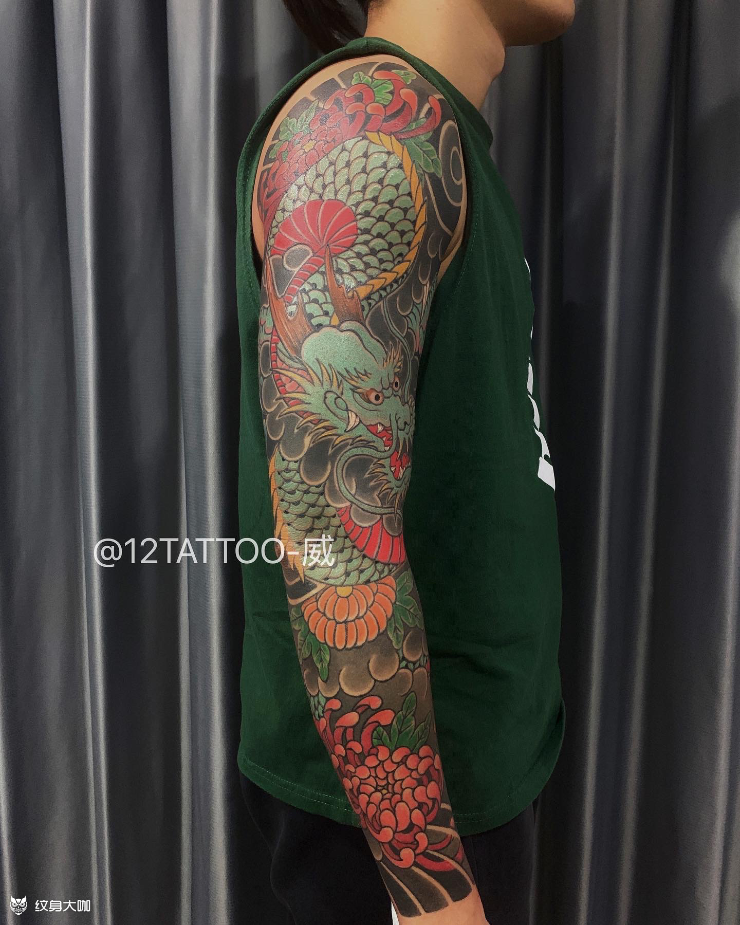 花臂龙 菊花_纹身图案手稿图片_威的纹身作品集