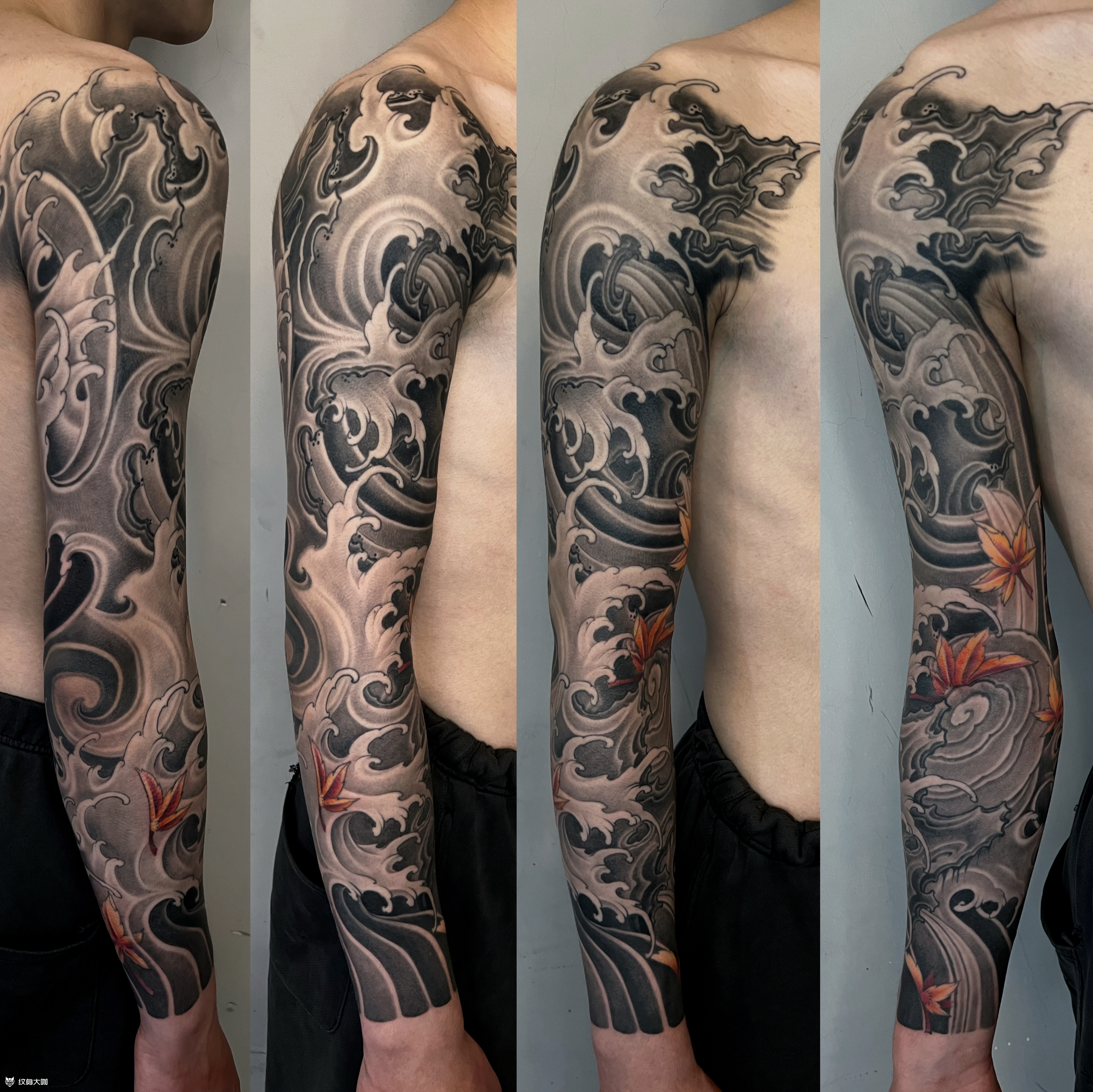 作品简介:本人新传统花臂水浪作品:水浪纹身又被称之为浪花海浪纹身