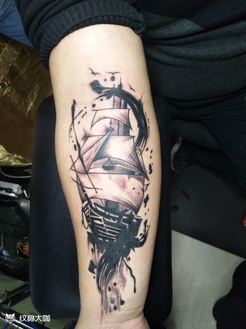 泼墨帆船_纹身图案手稿图片_罗保的纹身作品集