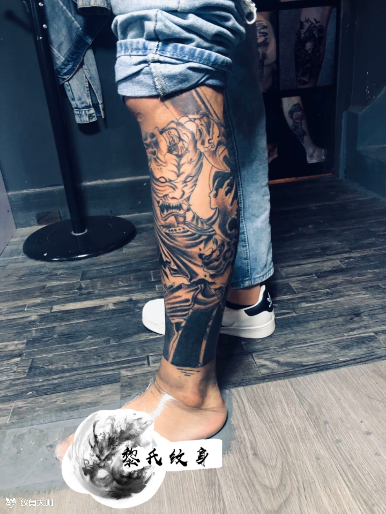 刑天浪花全包小腿_纹身图案手稿图片_tattoo小红的纹身作品集