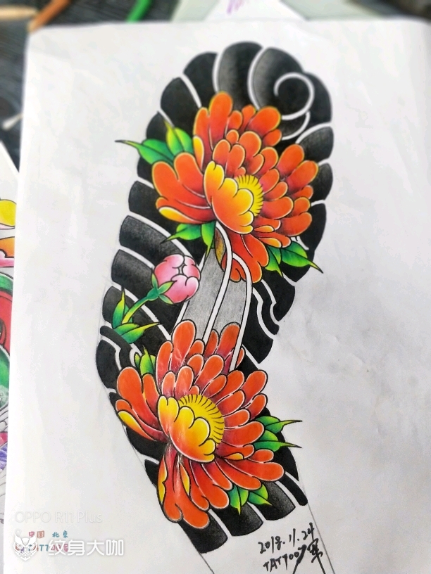 手搞牡丹七分袖_纹身图案手稿图片_文军的纹身作品集