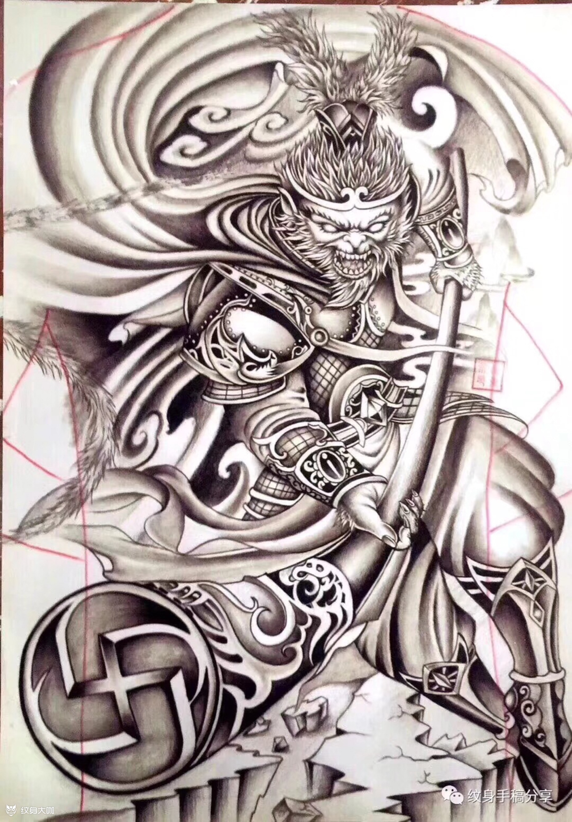 满背孙悟空_纹身图案手稿图片_黄磊的纹身作品集