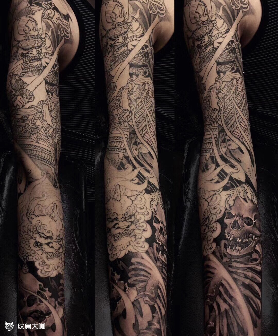 大臂鬼武士小臂唐狮骷髅拼接花臂