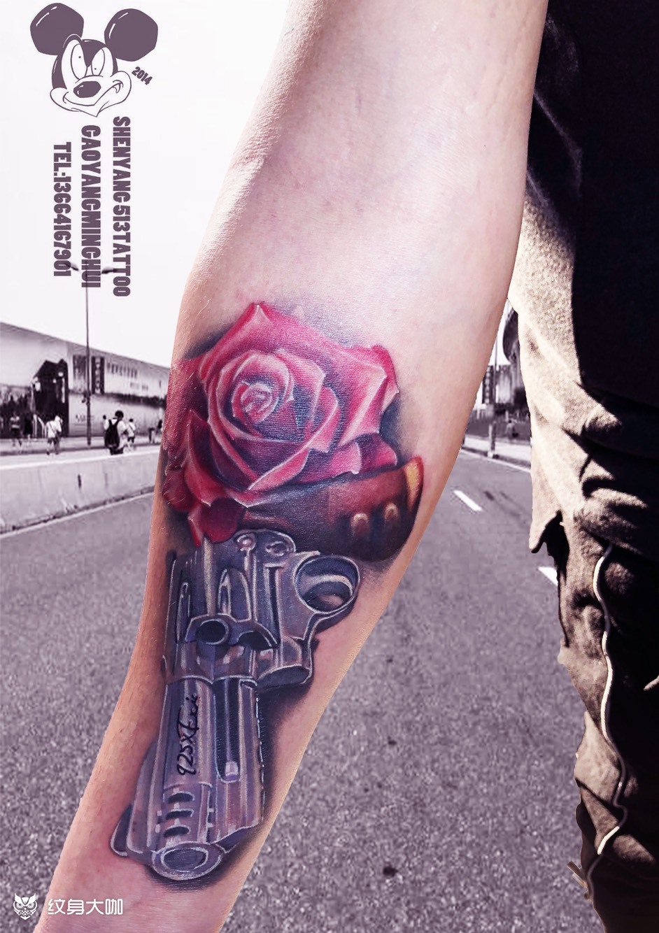 枪花_纹身图案手稿图片_高先生的纹身作品集