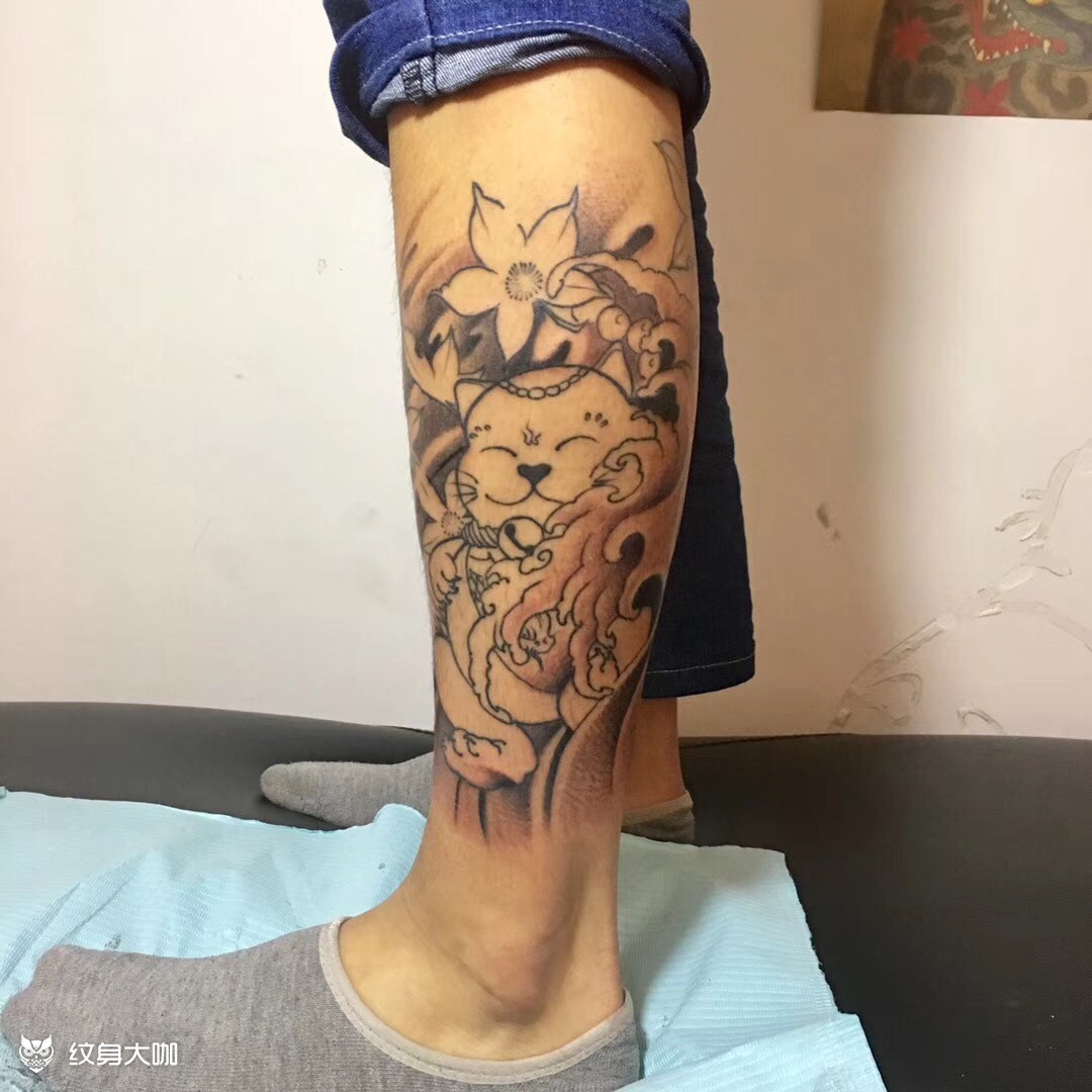 招财猫包小腿_纹身图案手稿图片_阿辉的纹身作品集