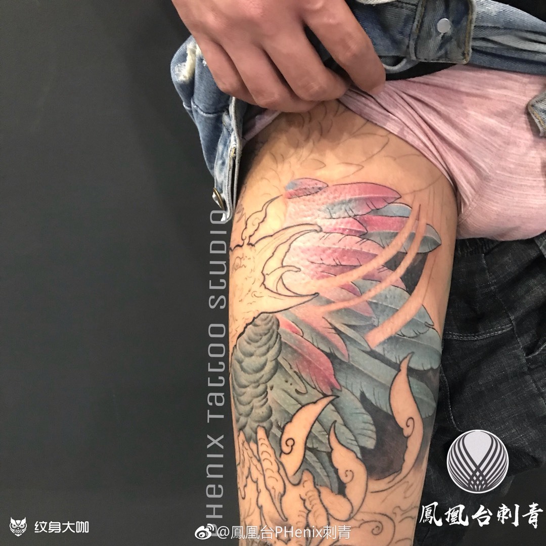 彩色花腿凤凰未完成_纹身图案手稿图片_千手雕的纹身作品集