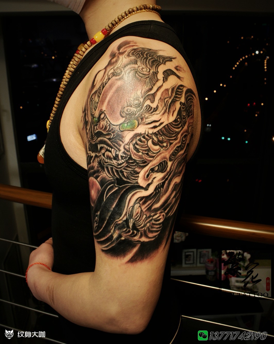 大臂唐福狮.遮盖_纹身图案手稿图片_繁花tattoo飞虎的纹身作品集