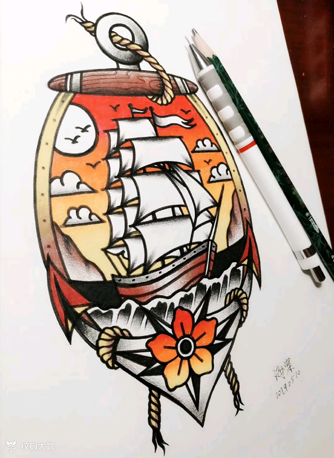 oldschool帆船纹身手稿