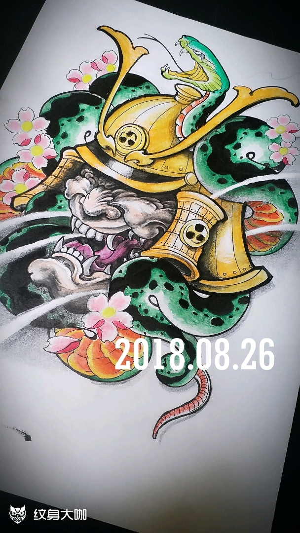 原创蛇缠鬼武士_纹身图案手稿图片_pogo的纹身作品集