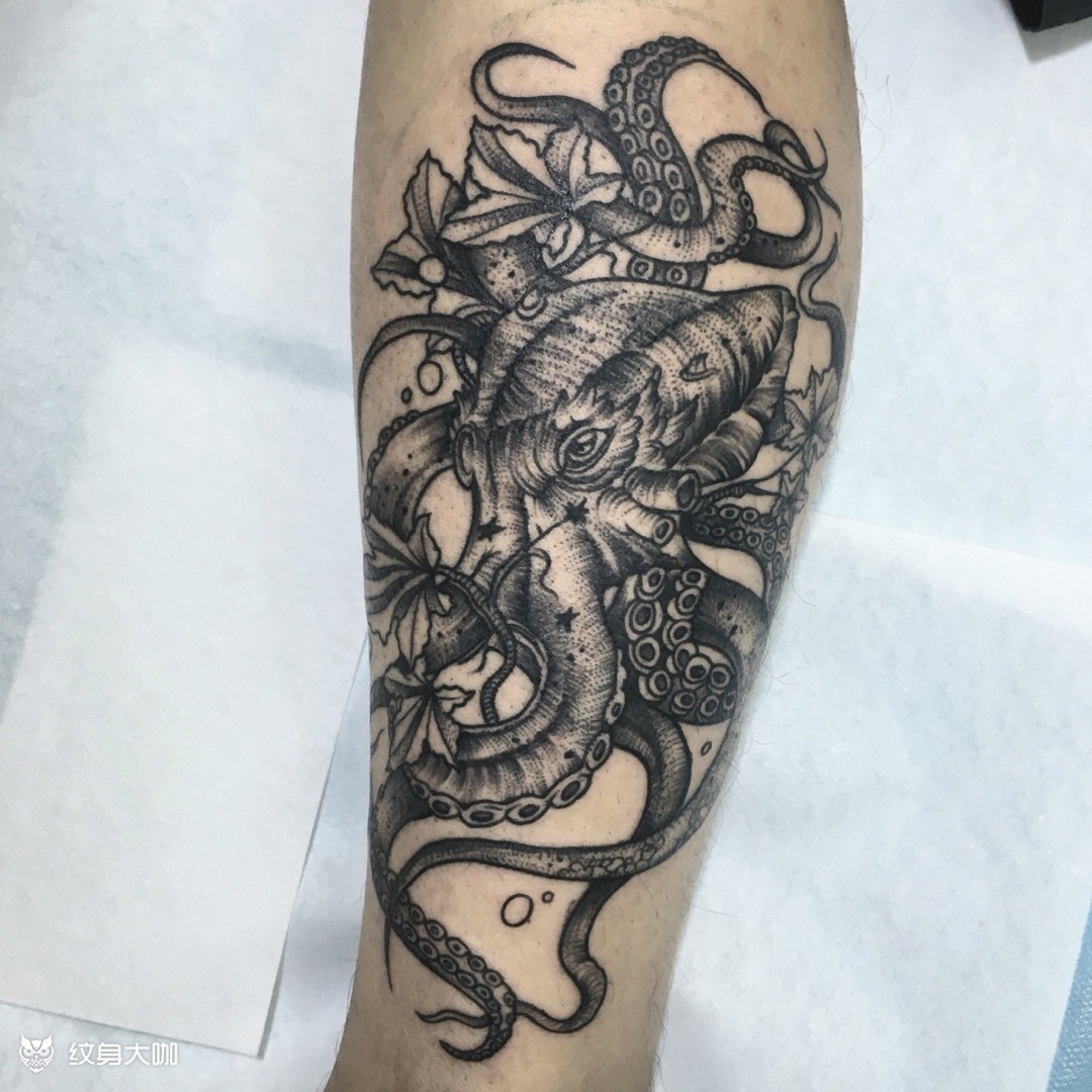 小腿点线章鱼纹身_纹身图案手稿图片_雯雯的纹身作品集