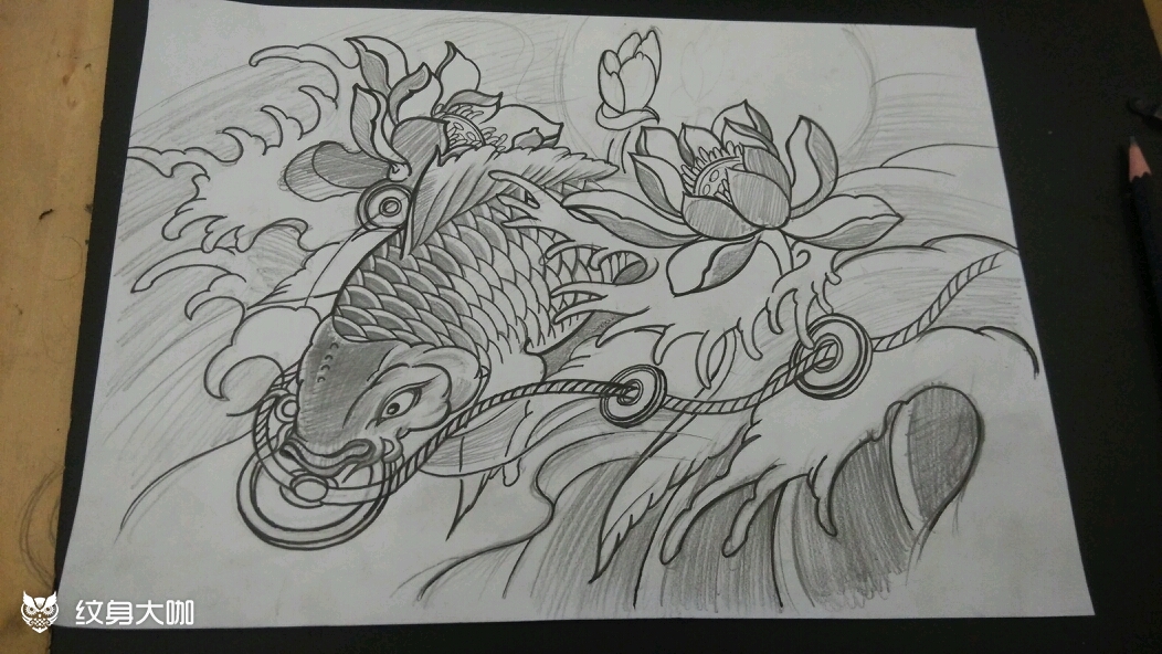 莲花鲤鱼(割线)_纹身图案手稿图片_高精博的纹身作品集