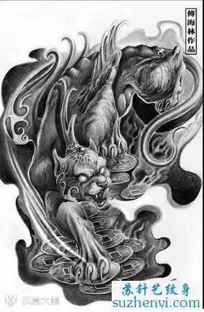 满背招财貔貅纹身