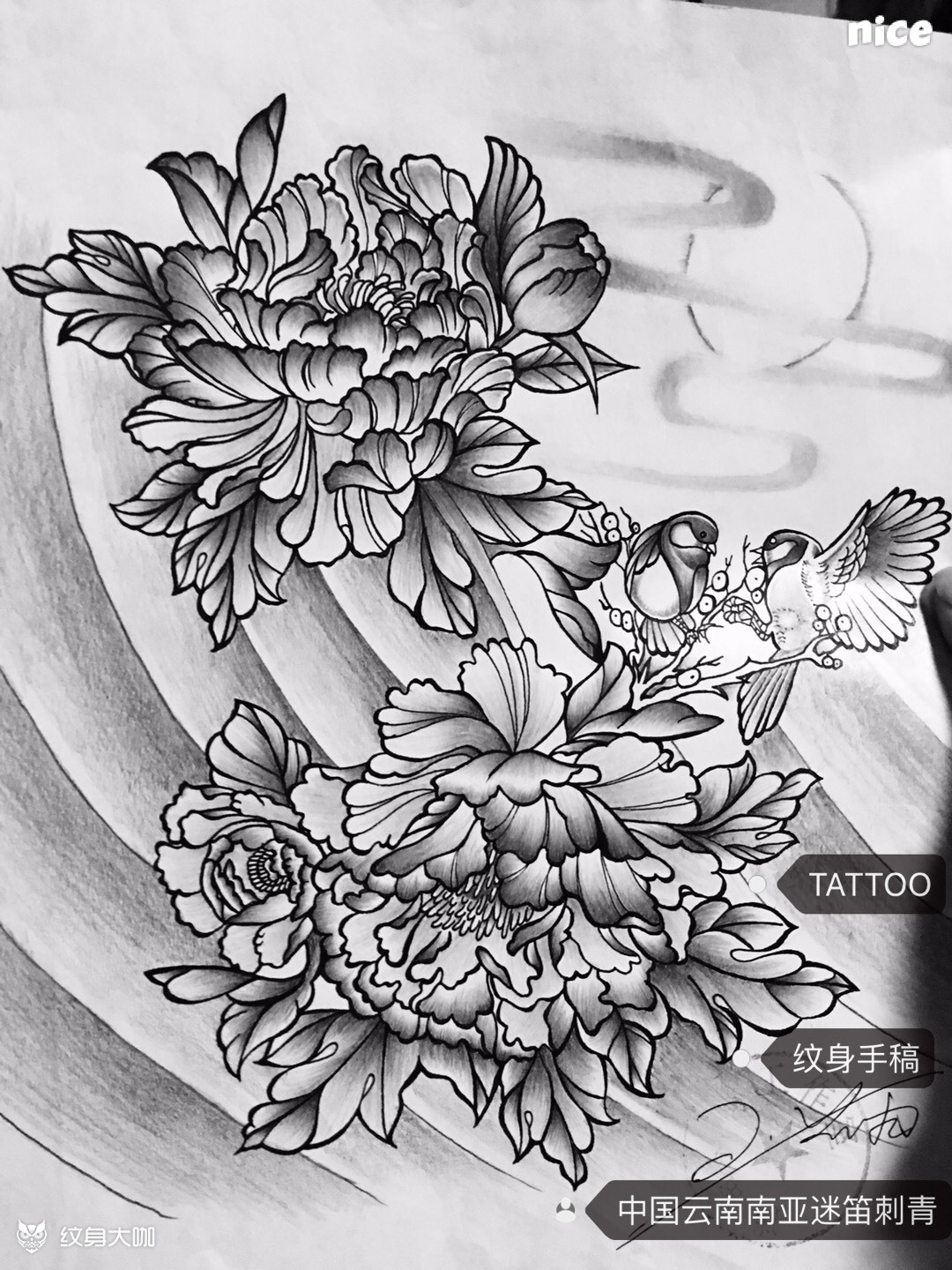 牡丹花纹身手稿黑白图片