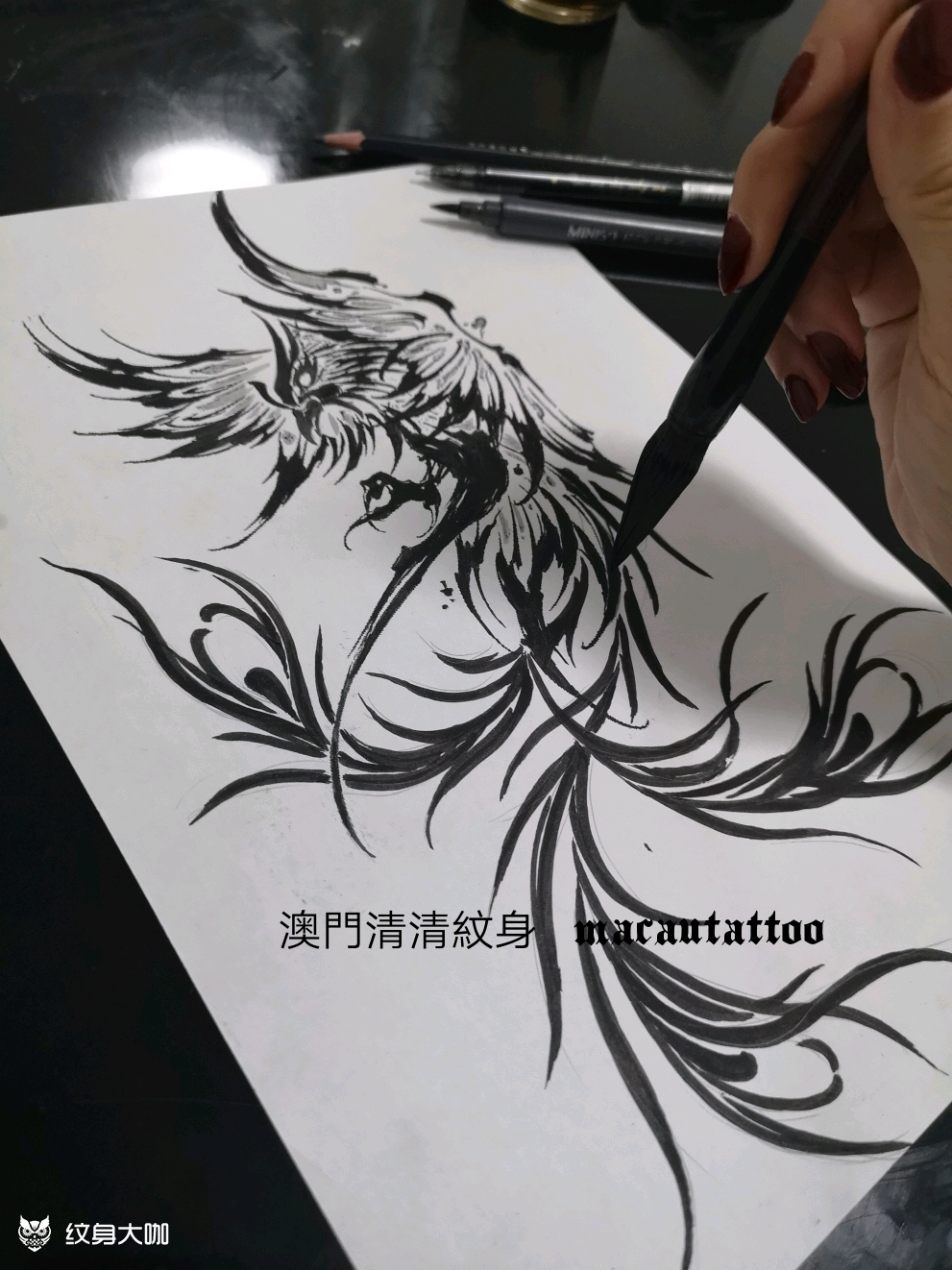 水墨凤凰纹身手稿