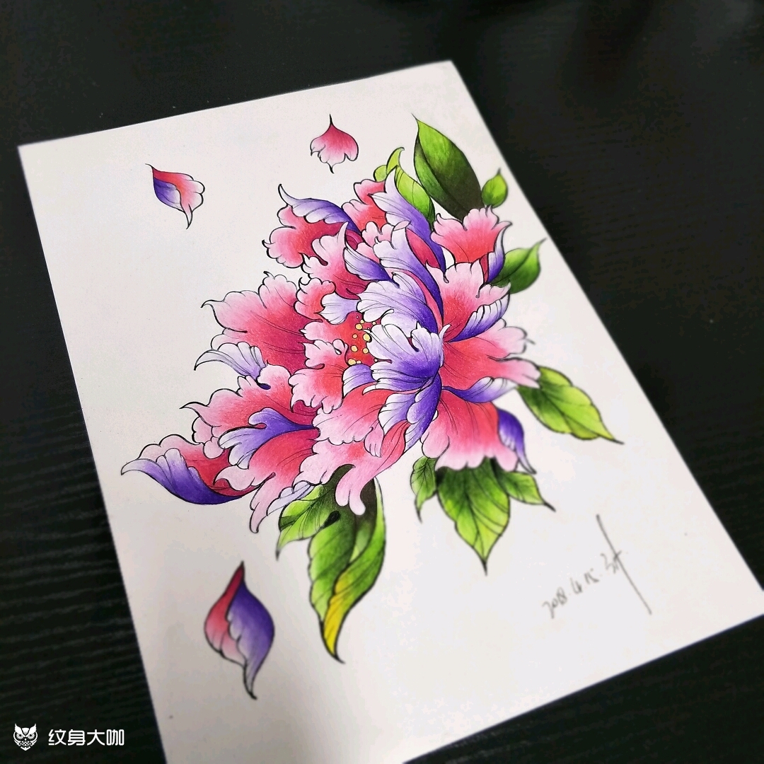 日式牡丹花纹身手稿图片
