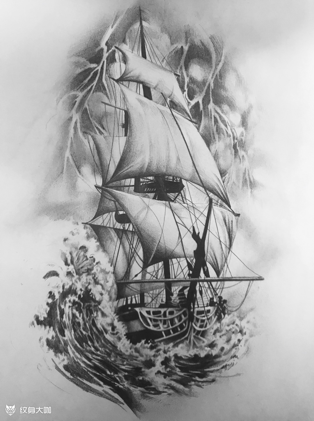 帆船纹身手稿一帆风顺图片