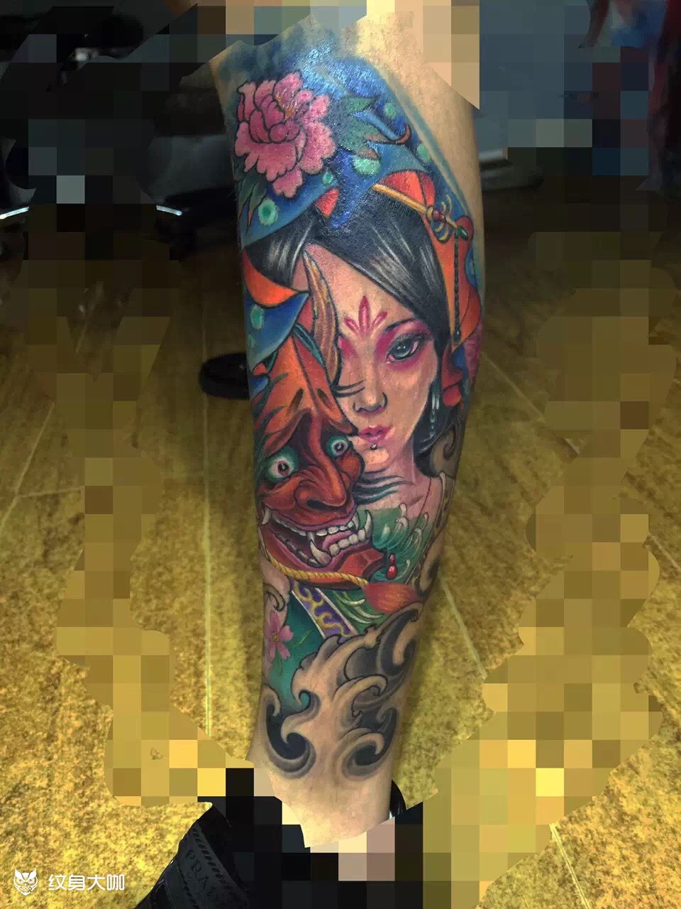 小腿传统般若艺妓_纹身图案手稿图片_雕柒的纹身作品集