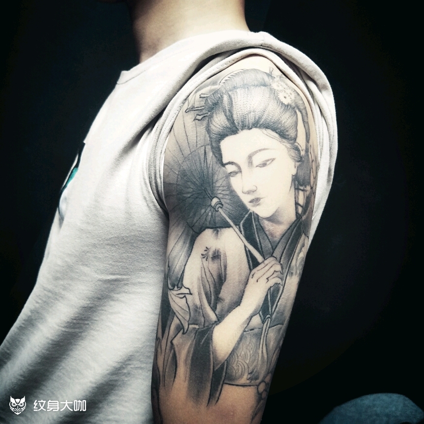 大臂新传统艺妓_纹身图案手稿图片_王源的纹身作品集