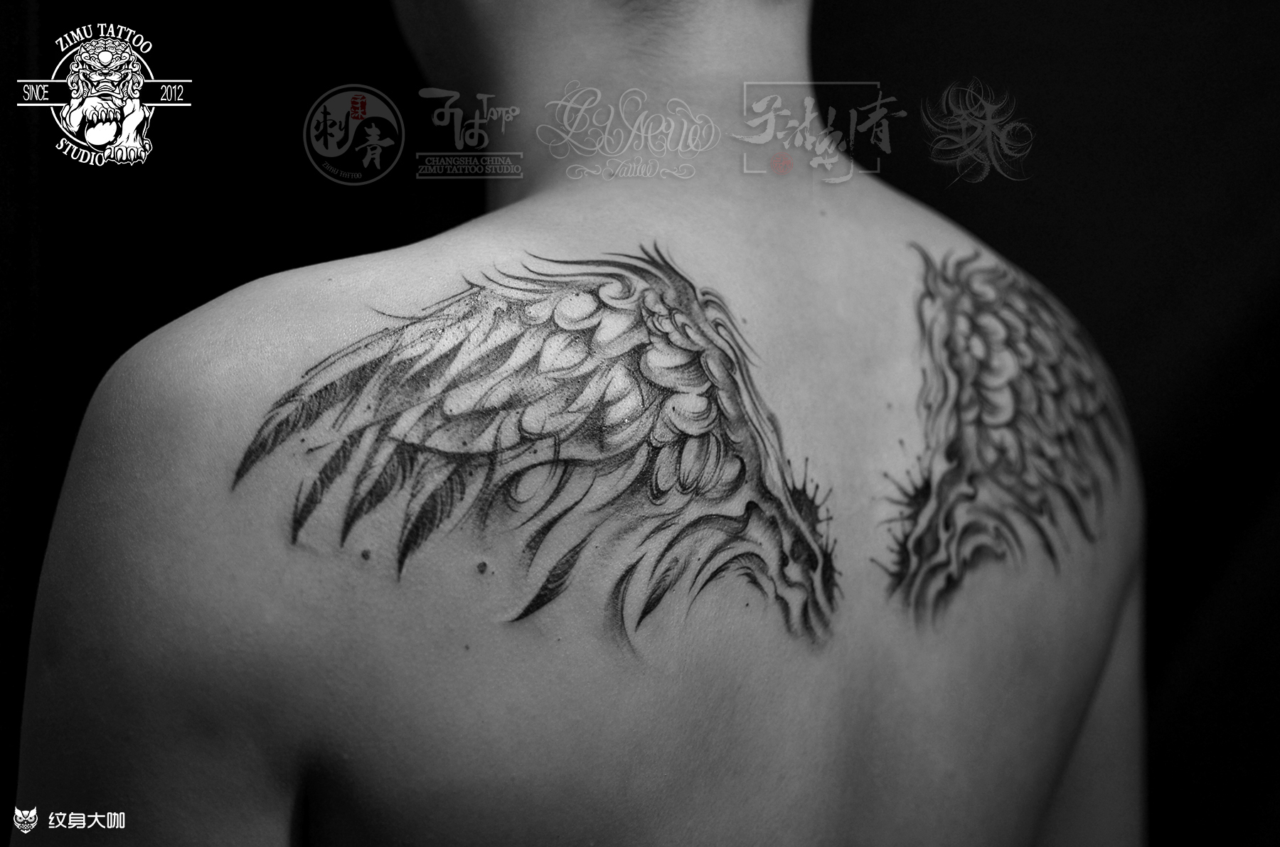 后背肩胛双翼翅膀抽象线条速写 _纹身吧社区 - 纹身大咖