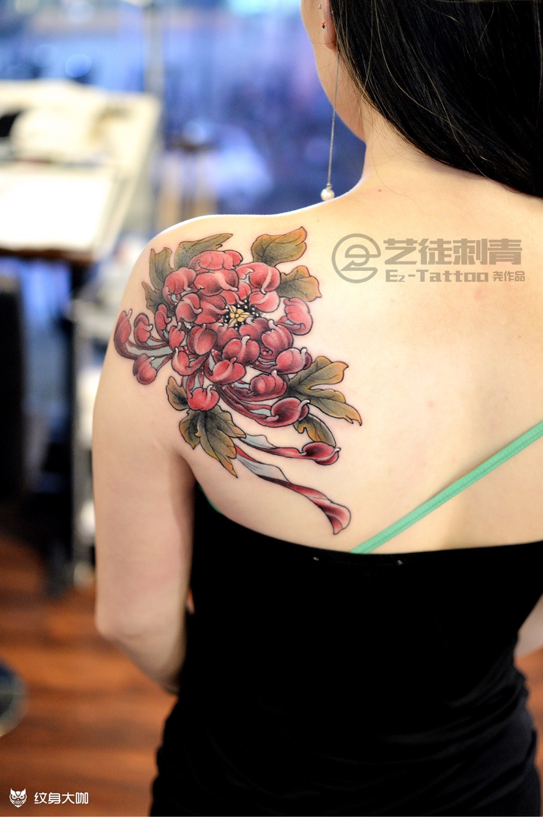 后肩 红菊花_纹身图案手稿图片_崔峣的纹身作品集