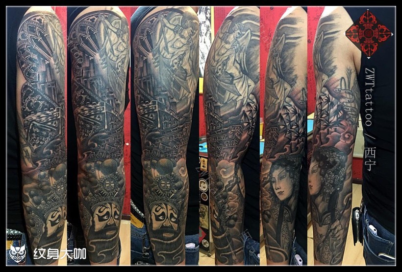 作品简介:霸王别姬衔接花臂,局部有遮盖,大臂恶魔天使是顾客10年前纹