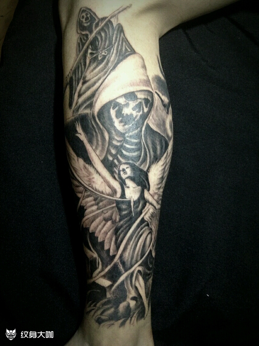 死神包小腿_纹身图案手稿图片_康久明的纹身作品集
