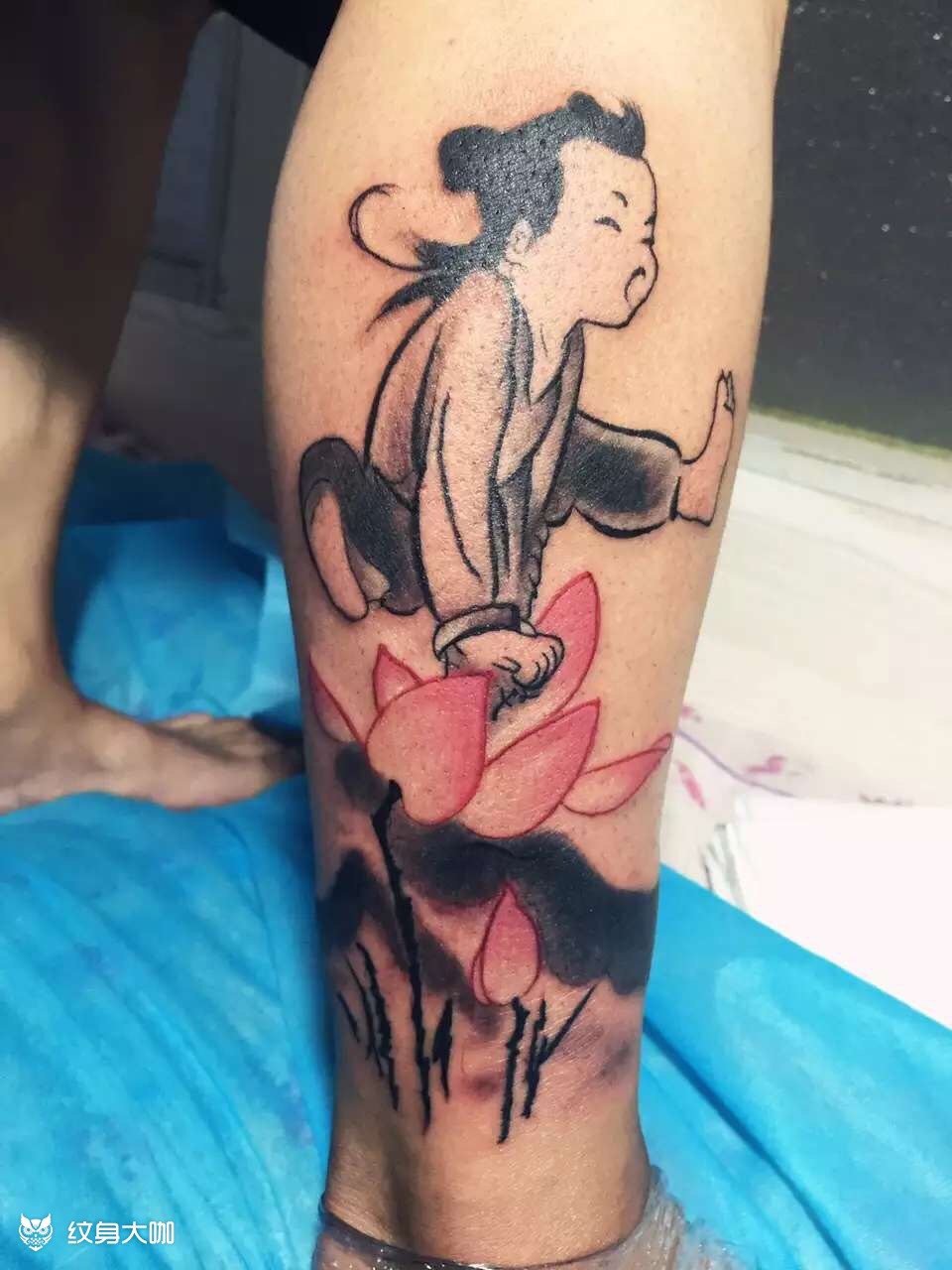 小腿莲花童子水墨_纹身图案手稿图片_黑龙的纹身作品集