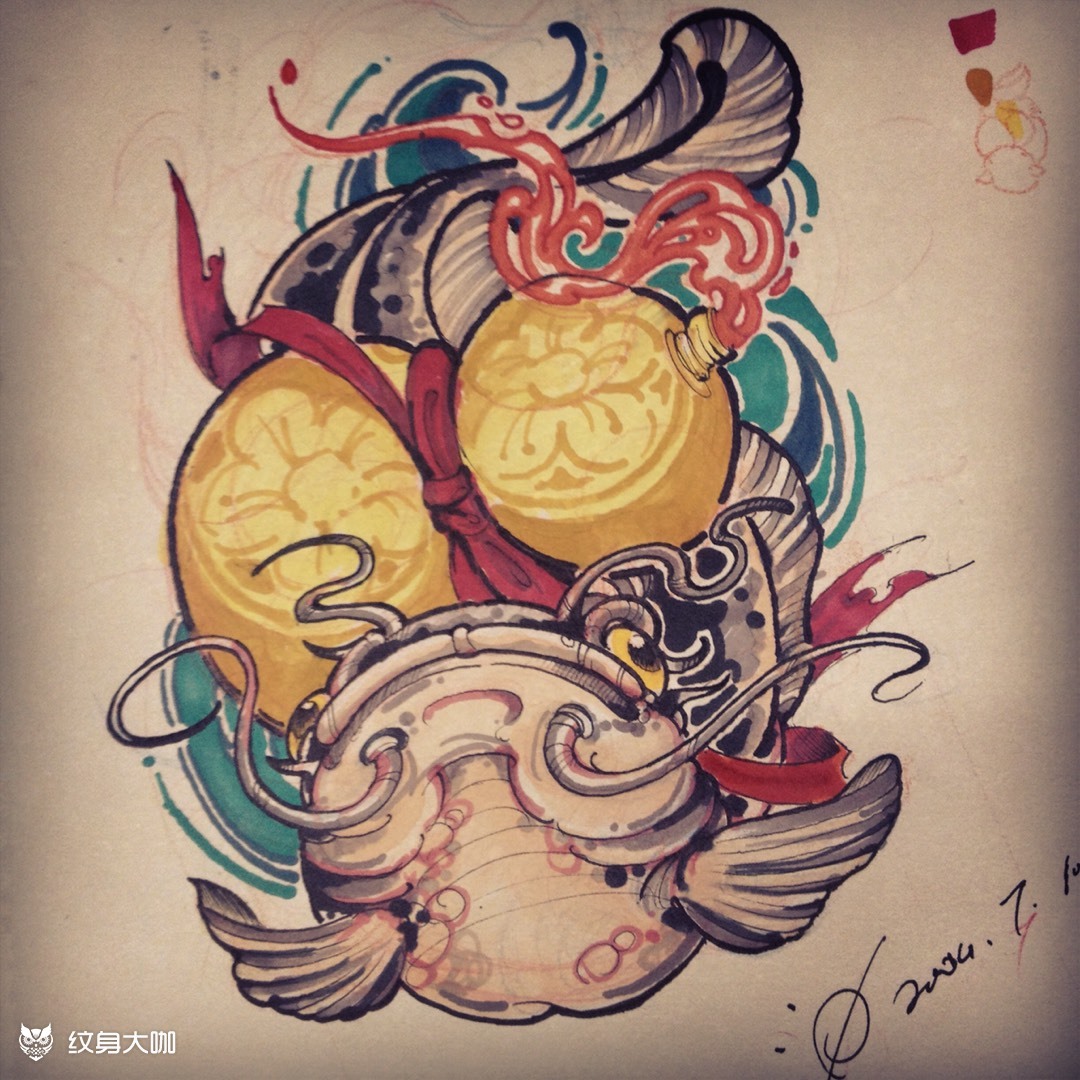 地震鲶鱼_纹身图案手稿图片_陈冲的纹身作品集