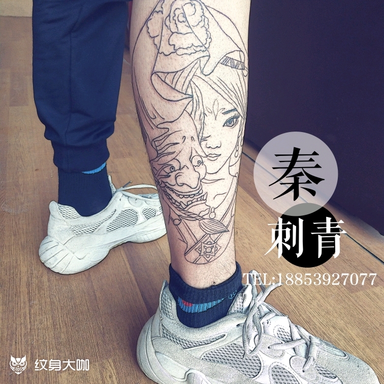 小腿艺妓线条_纹身图案手稿图片_秦浩的纹身作品集