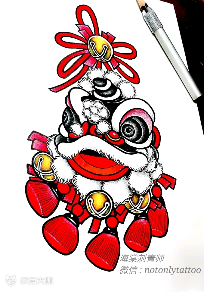 舞狮狮子中国结风铃铃铛铜铃哈_纹身吧社区 - 纹身大咖