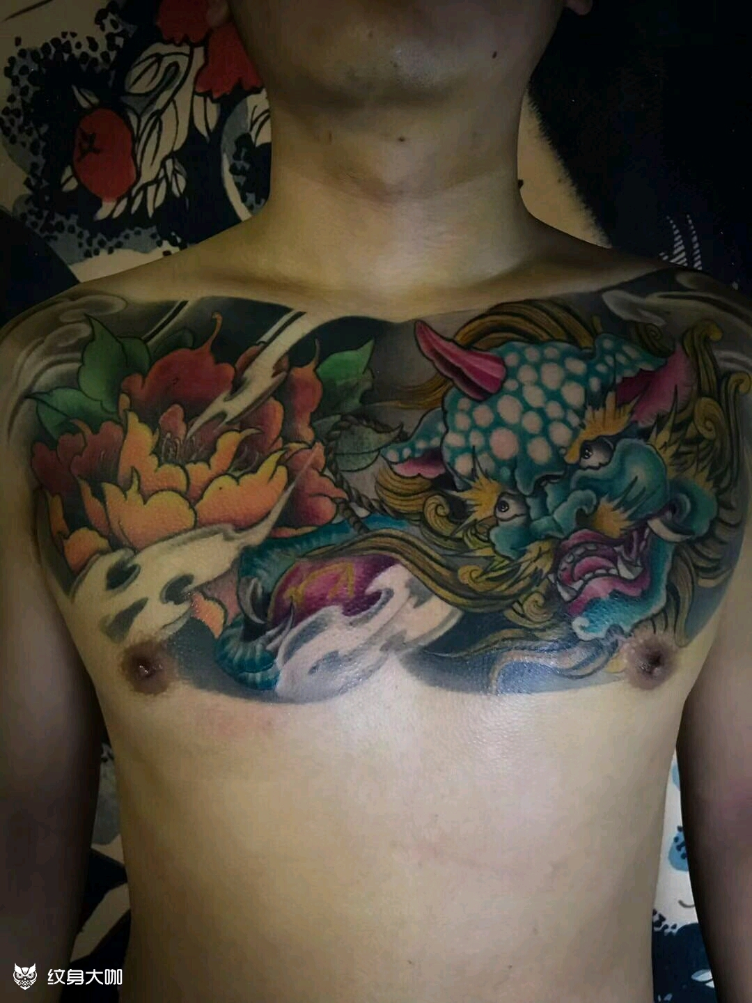 花胸唐狮牡丹_纹身图案手稿图片_玉哥的纹身作品集