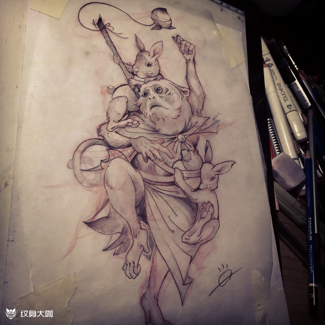 兔和猴_纹身图案手稿图片_陈冲的纹身作品集