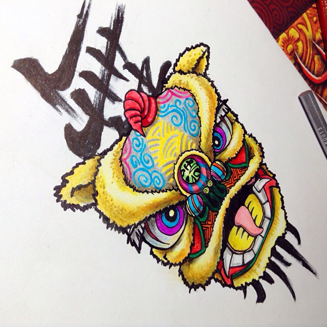 舞狮_纹身图案手稿图片_王浩的纹身作品集