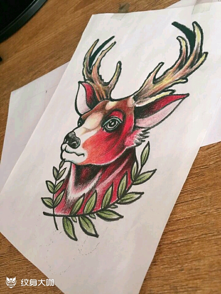 鹿头_纹身图案手稿图片_周龙的纹身作品集