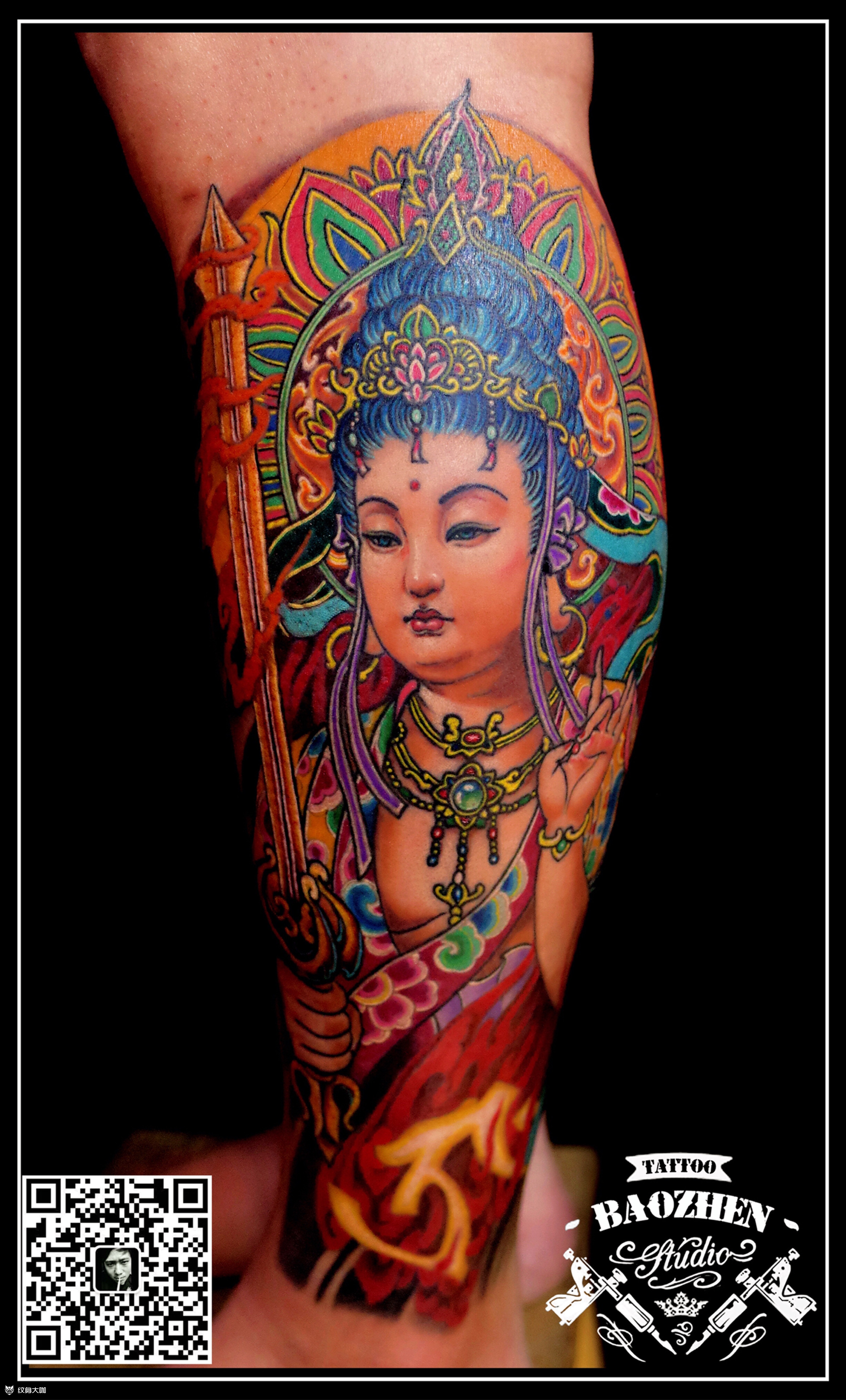 虚空藏菩萨半包全彩小腿_纹身图案手稿图片_杜欣的纹身作品集