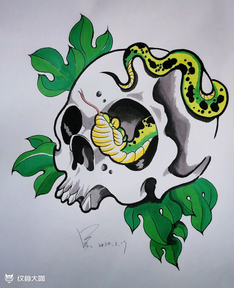 骷髅与蛇(稿)_纹身图案手稿图片_叉叉的纹身作品集