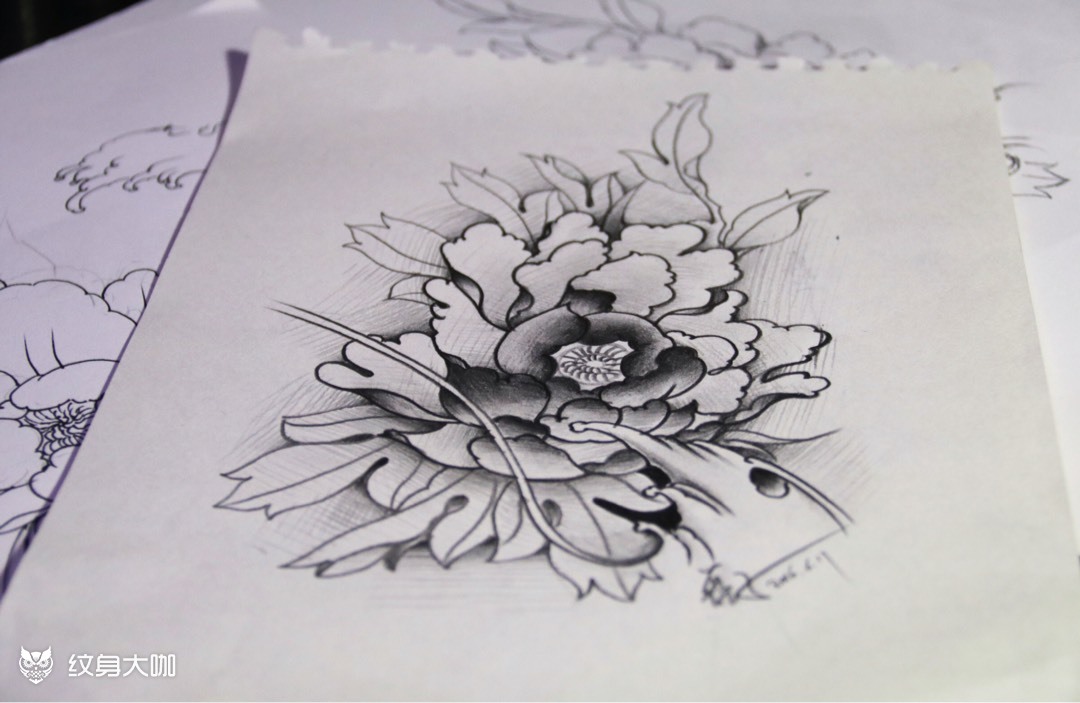 牡丹花手稿_纹身图案手稿图片_磊子的纹身作品集