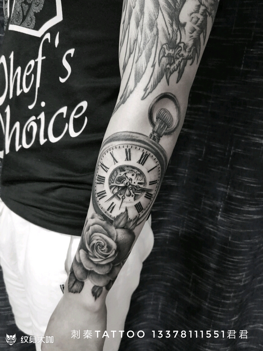 玫瑰 钟表 翅膀 欧美花臂_纹身图案手稿图片_王成全的纹身作品集