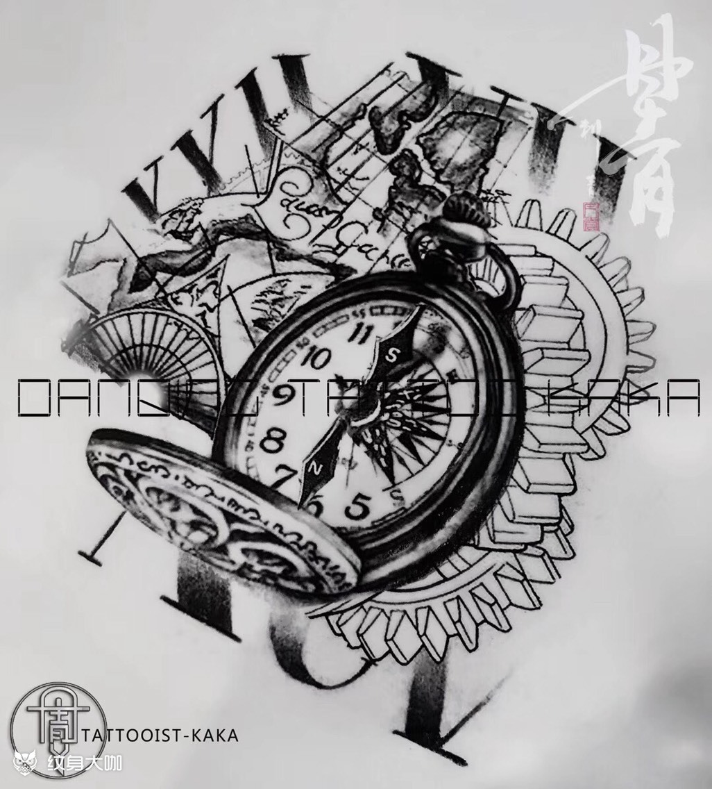 【客定图】 钟表五分之三指南针 _纹身图案手稿图片_海口丹青的纹身